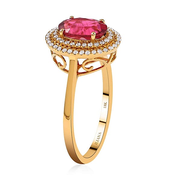 Shop Lc Certified Iliana 18K Yellow Gold AAA Ouro Fino Rubellite And G-H SI Diamond Double Halo Ring 1.60 Ctw