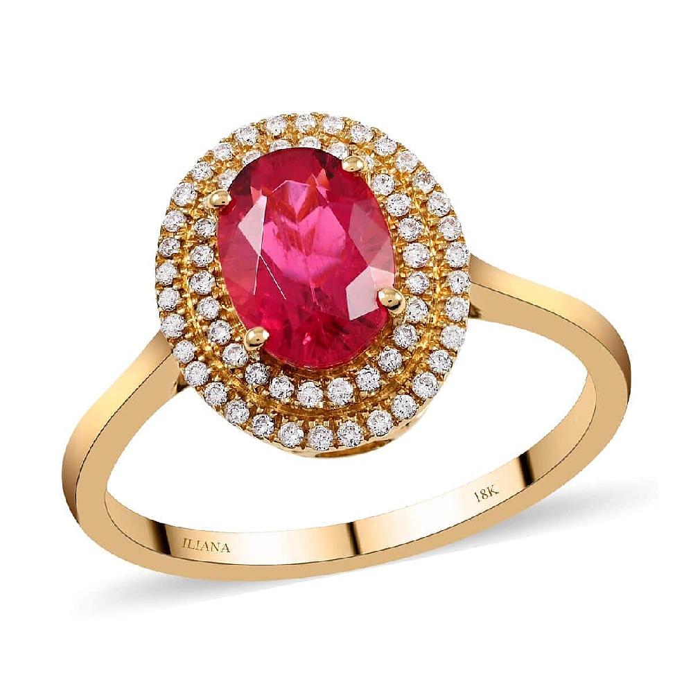 shop lc Certified Iliana 18K Yellow Gold AAA Ouro Fino Rubellite and G-H SI Diamond Double Halo Ring 1.60 ctw