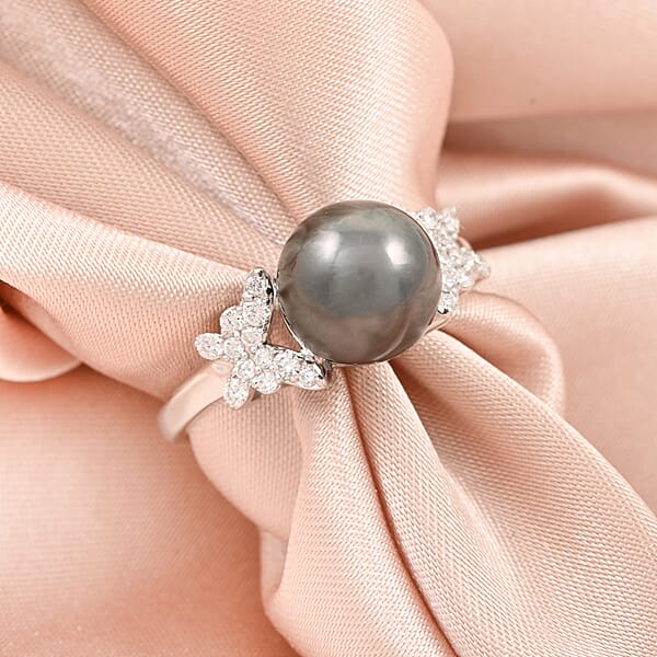 Shop Lc Certified Iliana AAA Tahitian Pearl Diamond Ring In 18K White Gold 0.26 Ctw