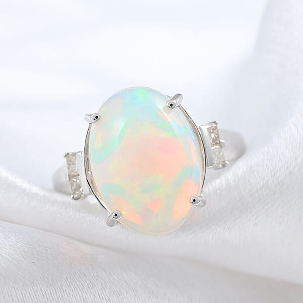 Shop Lc Certified LUXORO 14K White Gold AAA Ethiopian Welo Opal And G-H I2 Diamond Ring 3.90 Ctw