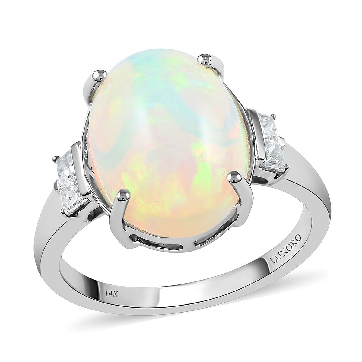 shop lc Certified Luxoro 14K White Gold AAA Ethiopian Welo Opal and G-H I2 Diamond Ring 3.90 ctw