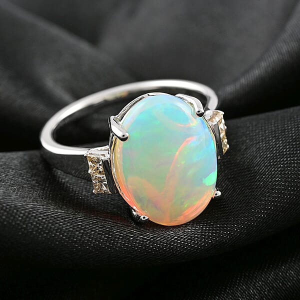 Shop Lc Certified Luxoro 14K White Gold AAA Ethiopian Welo Opal And G-H I2 Diamond Ring 3.90 Ctw