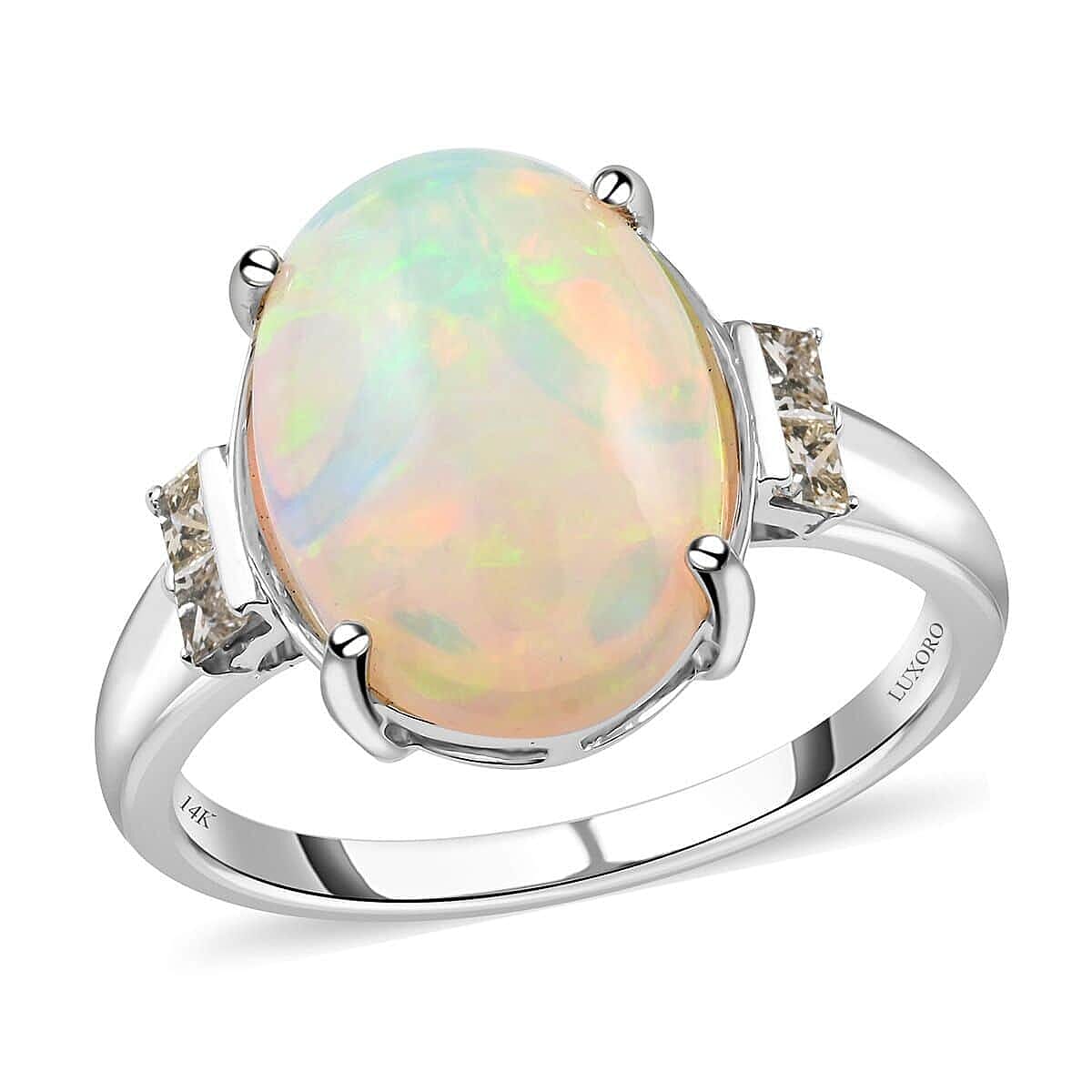 shop lc Certified Luxoro 14K White Gold AAA Ethiopian Welo Opal and G-H I2 Diamond Ring 3.90 ctw