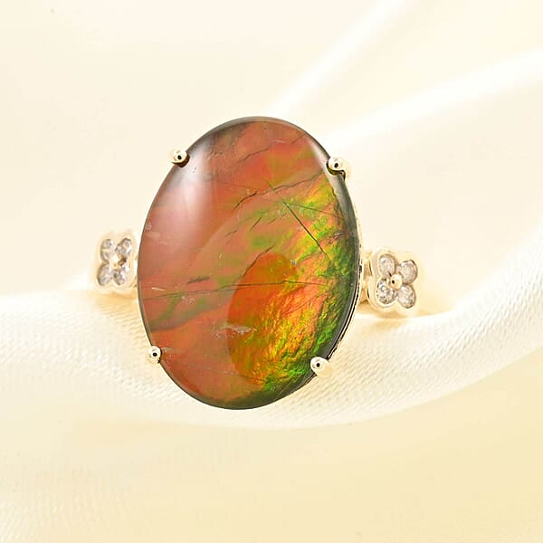 Shop Lc Certified Luxoro AAA Canadian Ammolite Diamond Ring In 10K Yellow Gold 0.10 Ctw