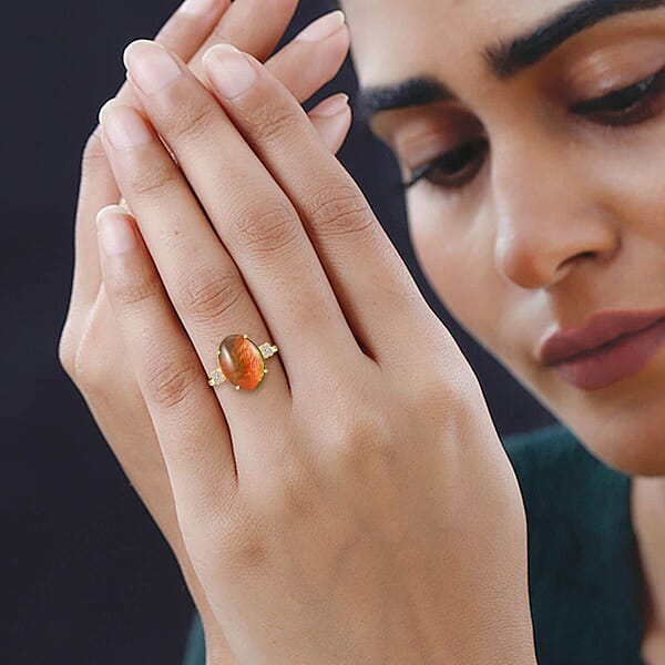Shop Lc Certified Luxoro AAA Canadian Ammolite Diamond Ring In 10K Yellow Gold 0.10 Ctw