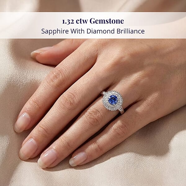 Shop Lc Certified Luxoro AAA Ceylon Blue Sapphire Diamond Double Halo Ring In 14K White Gold 1.32 Ctw