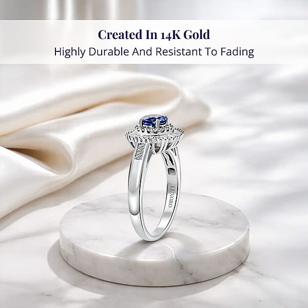 Shop Lc Certified Luxoro AAA Ceylon Blue Sapphire Diamond Double Halo Ring In 14K White Gold 1.32 Ctw