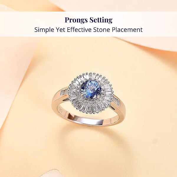 Shop Lc Certified Luxoro AAA Ceylon Blue Sapphire Diamond Double Halo Ring In 14K White Gold 1.32 Ctw