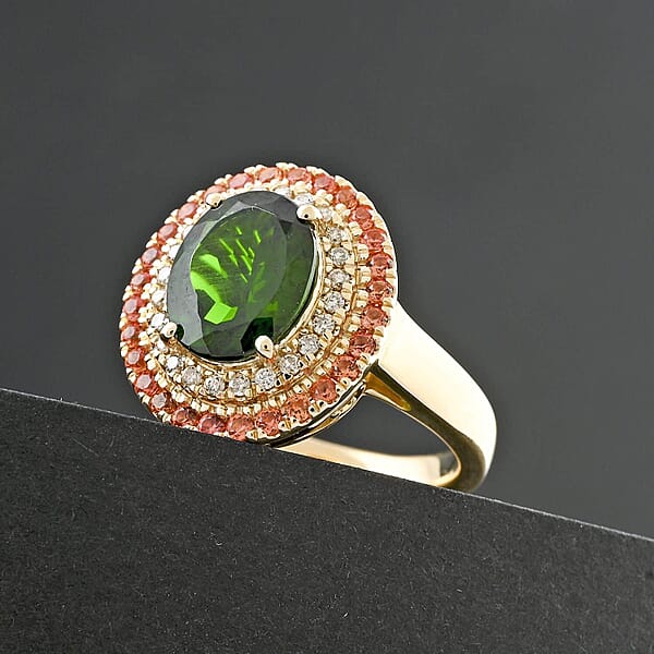 Shop Lc Certified Luxoro AAA Chrome Diopside Padparadscha Sapphire Diamond Ring In 10K Yellow Gold 3.00 Ctw