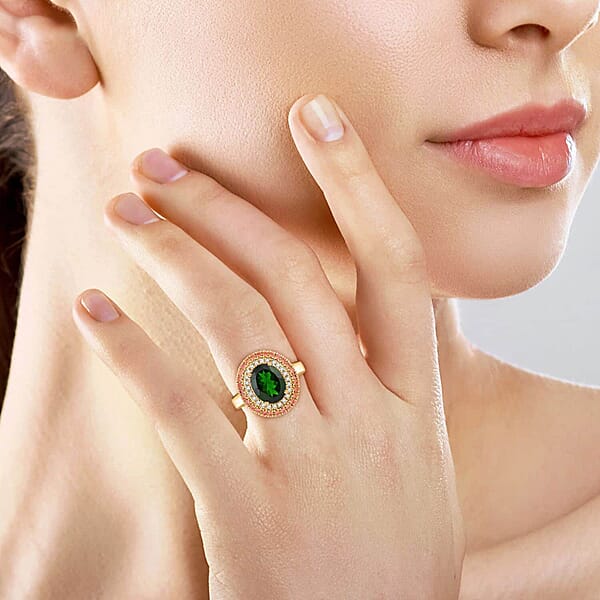 Shop Lc Certified Luxoro AAA Chrome Diopside Padparadscha Sapphire Diamond Ring In 10K Yellow Gold 3.00 Ctw