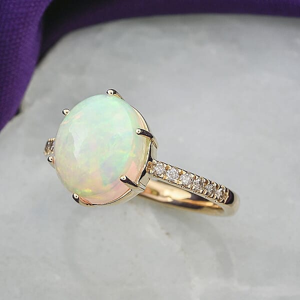 Shop Lc Certified Luxoro AAA Ethiopian Welo Opal Diamond Ring In 10K Yellow Gold 2.85 Ctw (Size 6.0)