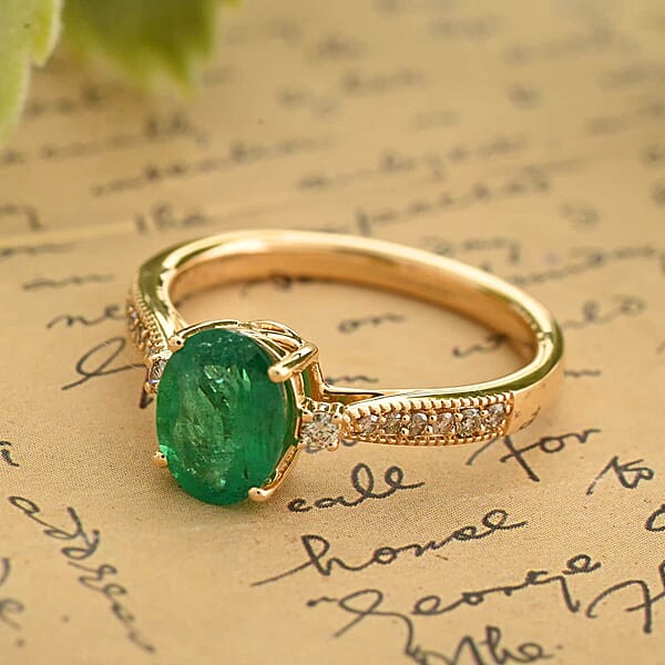 Shop Lc Certified Luxoro AAA Kagem Zambian Emerald Diamond (G-H I2) Ring In 14K Yellow Gold 1.30 Ctw