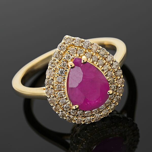 Shop Lc Certified Luxoro AAA Mozambique Ruby Diamond Double Halo Ring In 14K Yellow Gold 2.15 Ctw