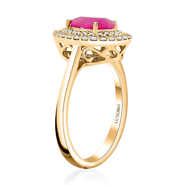 Shop Lc Certified Luxoro AAA Mozambique Ruby Diamond Double Halo Ring In 14K Yellow Gold 2.15 Ctw