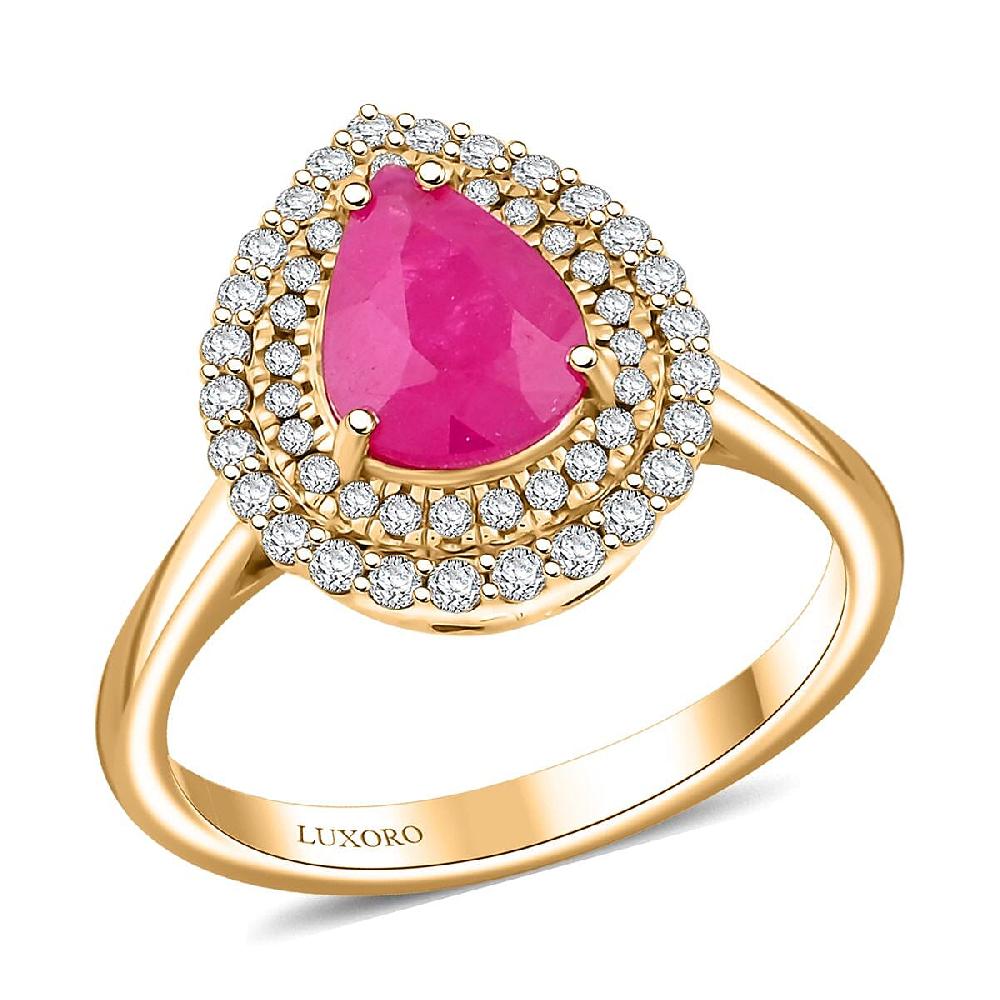 shop lc Certified Luxoro AAA Mozambique Ruby Diamond Double Halo Ring in 14K Yellow Gold 2.15 ctw