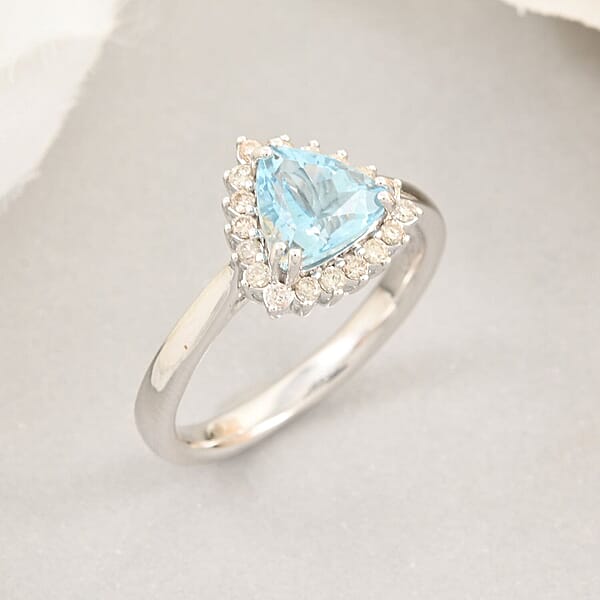 Shop Lc Certified Luxoro AAA Santa Maria Aquamarine Diamond Ring In 10K White Gold 1.20 Ctw