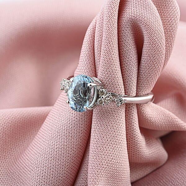 Shop Lc Certified Luxoro AAA Santa Maria Aquamarine Diamond Ring In 14K White Gold 1.50 Ctw
