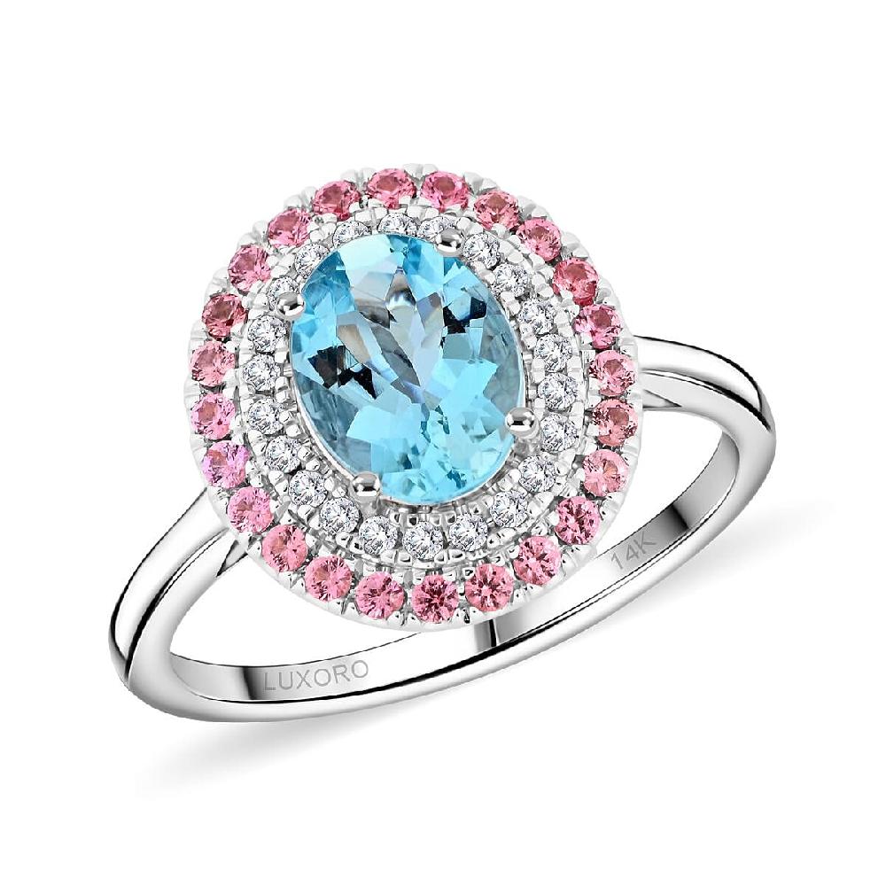 shop lc Certified Luxoro AAA Santa Maria Aquamarine Pink Spinel Diamond Ring in 14K White Gold 2.25 ctw