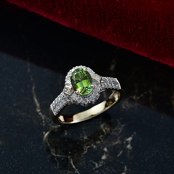 Shop Lc Certified Luxoro AAA Sapo Green Tourmaline Diamond Ring In 10K Yellow Gold 1.77 Ctw