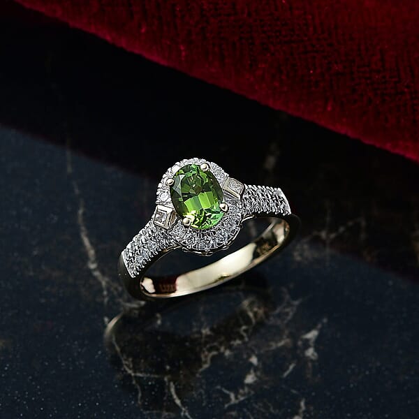 Shop Lc Certified Luxoro AAA Sapo Green Tourmaline Diamond Ring In 10K Yellow Gold 1.77 Ctw