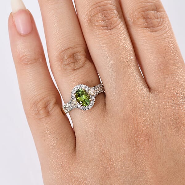 Shop Lc Certified Luxoro AAA Sapo Green Tourmaline Diamond Ring In 10K Yellow Gold 1.77 Ctw