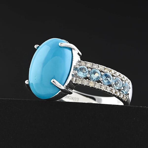 Shop Lc Certified Luxoro AAA Sleeping Beauty Turquoise Aquamarine Diamond Ring In 10K White Gold 5.35 Ctw