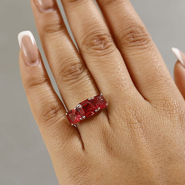 Shop Lc Certified Luxuriant AAA Asscher Cut Lab Grown Padparadscha Sapphire 3 Stone Ring In 10K White Gold 8.00 Ctw