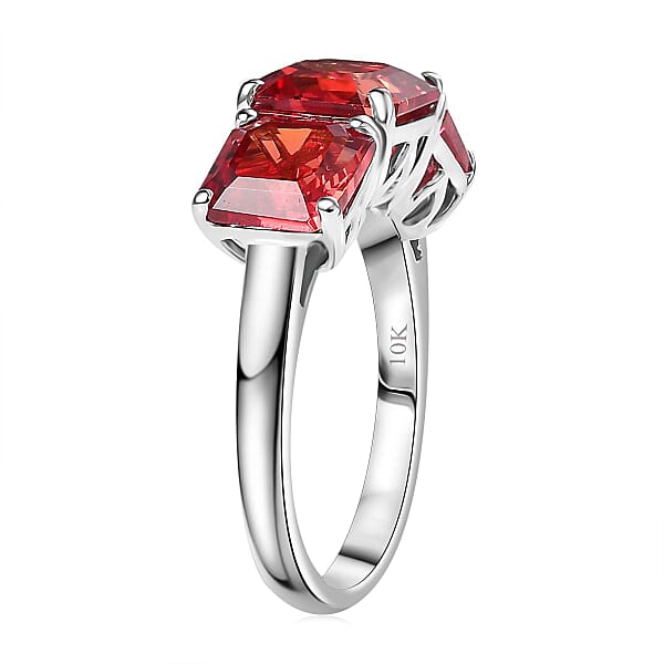Shop Lc Certified Luxuriant AAA Asscher Cut Lab Grown Padparadscha Sapphire 3 Stone Ring In 10K White Gold 8.00 Ctw