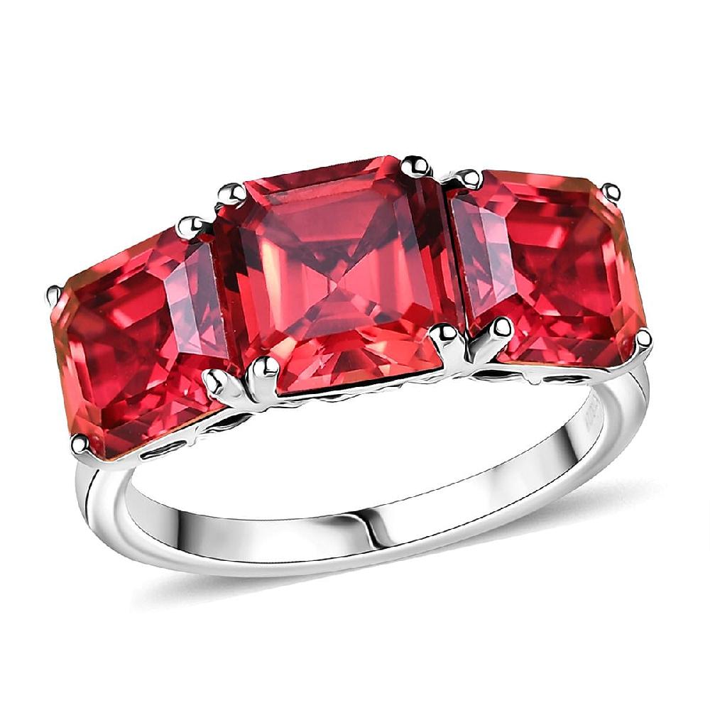 shop lc Certified Luxuriant AAA Asscher Cut Lab Grown Padparadscha Sapphire 3 Stone Ring in 10K White Gold 8.00 ctw