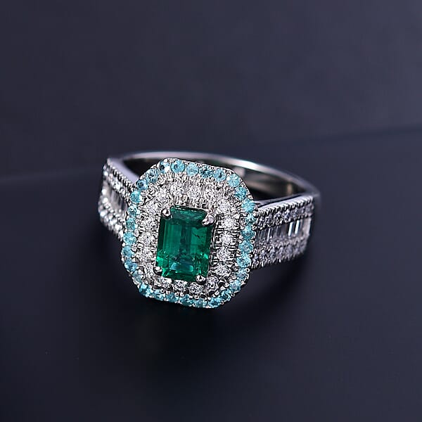 Shop Lc Certified Rhapsody AAAA Kagem Zambian Emerald Paraiba Tourmaline Diamond (E-F VS2) Ring In 950 Platinum 2.00 Ctw