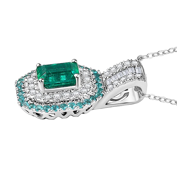 Shop Lc Certified Rhapsody AAAA Zambian Emerald Paraiba Tourmaline And Diamond Pendant Necklace In 950 Platinum 1.75 Ctw (20 Inches) (E-F VS2)