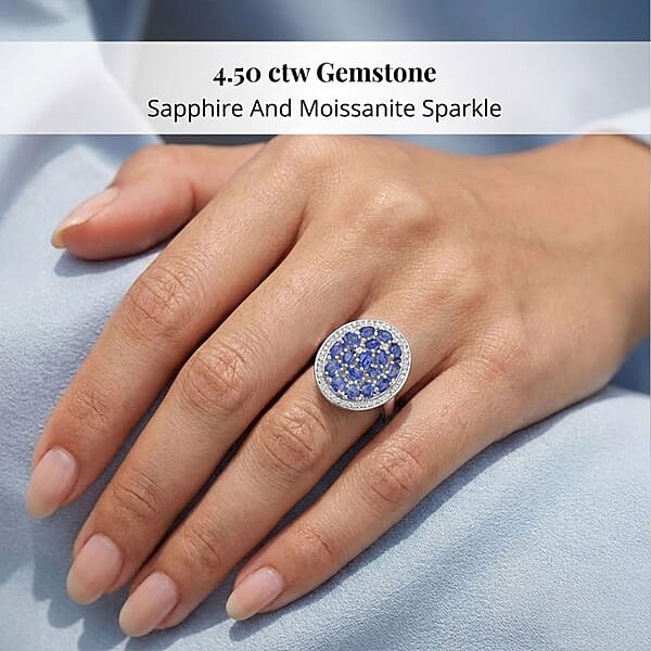 Shop Lc Ceylon Blue Sapphire Moissanite Ring In Rhodium Over Sterling Silver 4.50 Ctw