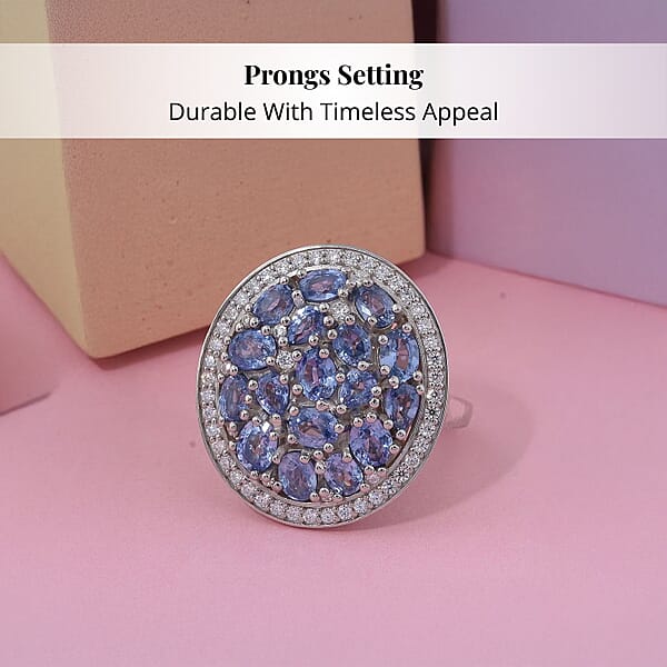 Shop Lc Ceylon Blue Sapphire Moissanite Ring In Rhodium Over Sterling Silver 4.50 Ctw