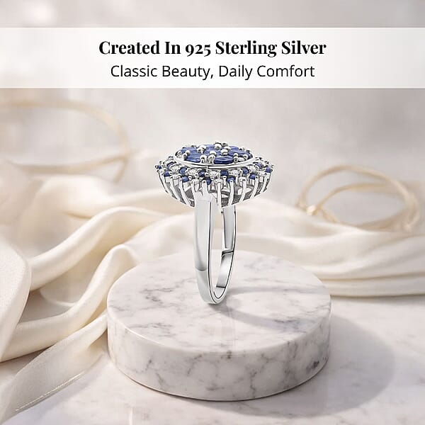 Shop Lc Ceylon Blue Sapphire Moissanite Ring In Rhodium Over Sterling Silver 2.40 Ctw