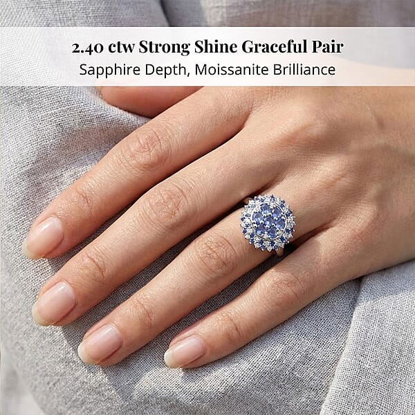 Shop Lc Ceylon Blue Sapphire Moissanite Ring In Rhodium Over Sterling Silver 2.40 Ctw