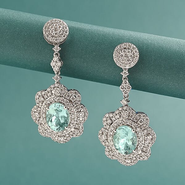 Shop Lc Chairman Vault Collection Certified & Appraised Rhapsody AAAA Paraiba Tourmaline And E-F VS Diamond 5.51 Ctw Earrings In 950 Platinum 15.80 Grams
