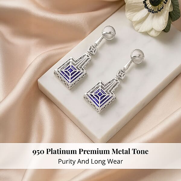 Shop Lc Chairman Vault Collection Certified & Appraised Rhapsody 950 Platinum Princess Cut AAAA Tanzanite And E-F VS Diamond Dangle Earrings 20.80 Grams 24.05 Ctw