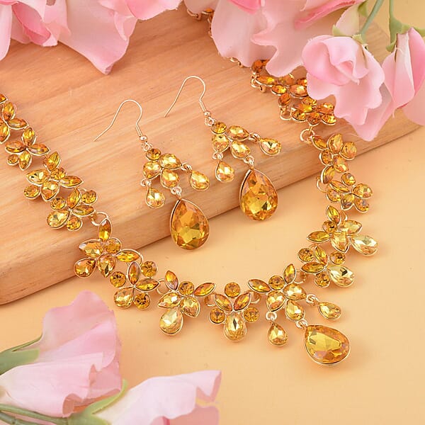 Shop Lc Champagne Color Austrian Crystal Dangle Earrings And Necklace 20-22 Inches In Goldtone