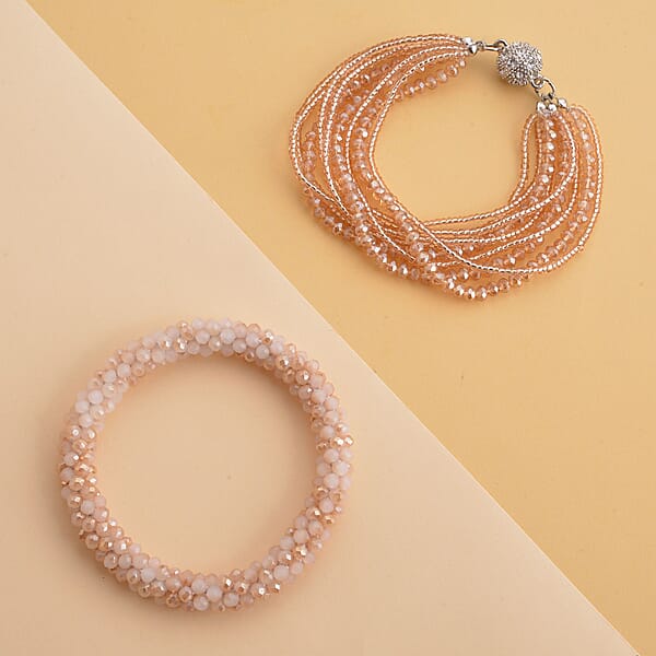 Shop Lc Champagne Glass And Austrian Crystal Set Of 2 Beaded Bracelet In Silvertone (Stretch 7.75In)