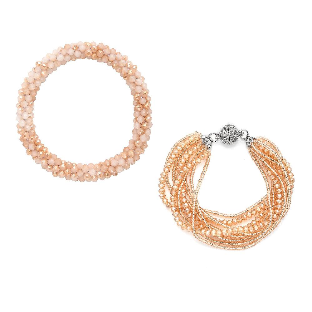 shop lc Champagne Glass and Austrian Crystal Set of 2 Beaded Bracelet in Silvertone (Stretch 7.75In)