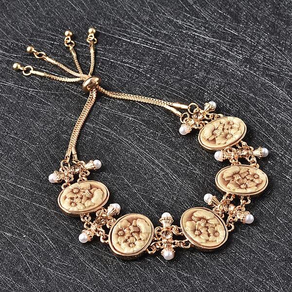Shop Lc Champagne Resin And Champagne Austrian Crystal And Simulated Pearl Bolo Bracelet In Goldtone