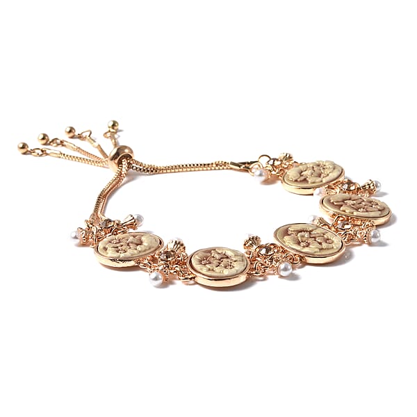 Shop Lc Champagne Resin And Champagne Austrian Crystal And Simulated Pearl Bolo Bracelet In Goldtone