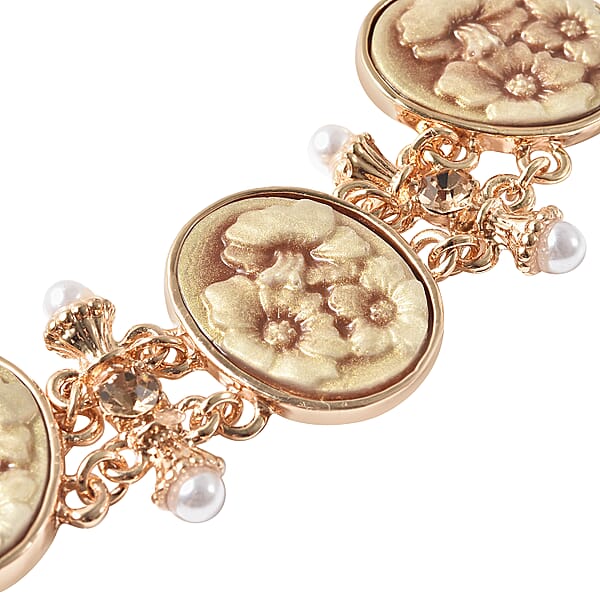 Shop Lc Champagne Resin And Champagne Austrian Crystal And Simulated Pearl Bolo Bracelet In Goldtone