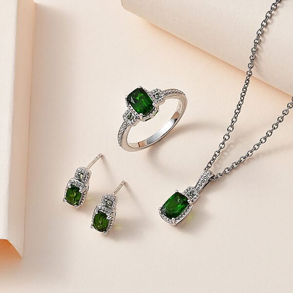 Shop Lc Chrome Diopside And Green Sapphire 3.40 Ctw Stud Earrings Ring And Pendant In Platinum Over Sterling Silver With Stainless Steel Necklace 20 Inches