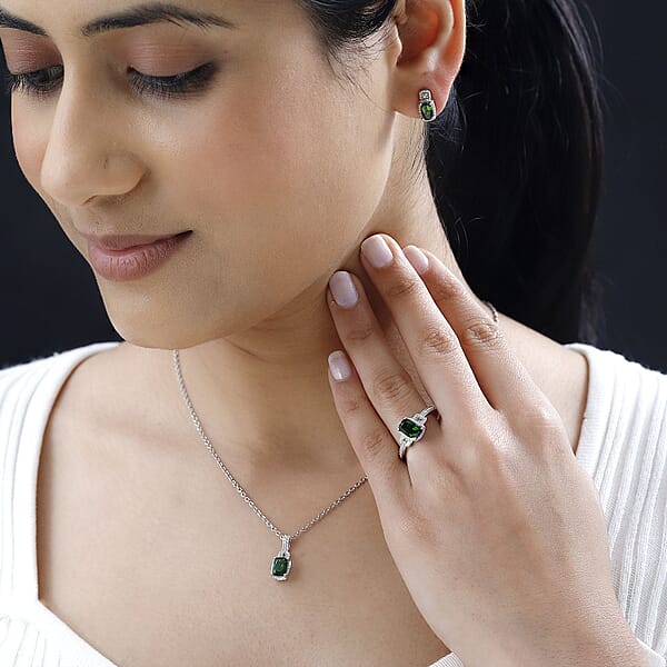 Shop Lc Chrome Diopside And Green Sapphire 3.40 Ctw Stud Earrings Ring And Pendant In Platinum Over Sterling Silver With Stainless Steel Necklace 20 Inches