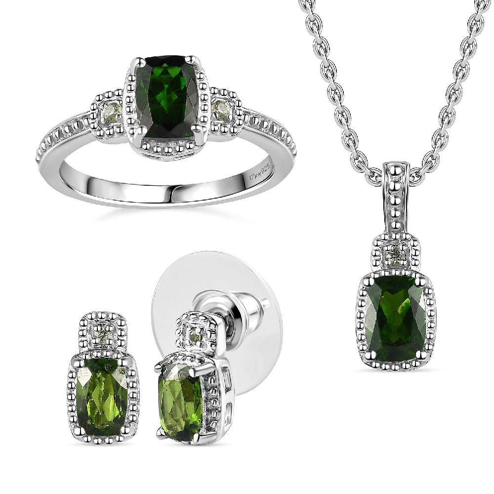shop lc Chrome Diopside and Green Sapphire 3.40 ctw Stud Earrings Ring and Pendant in Platinum Over Sterling Silver with Stainless Steel Necklace 20 Inches