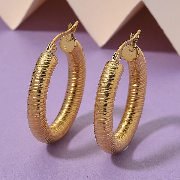 Shop Lc Classic Textured Hoop Earrings In ION Plated YG Stainless Steel