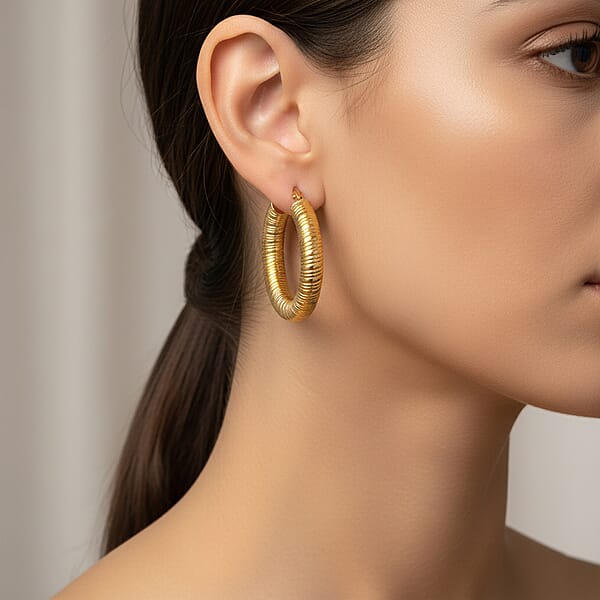 Shop Lc Classic Textured Hoop Earrings In ION Plated YG Stainless Steel