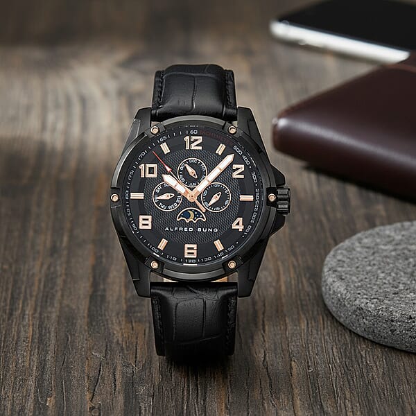 Shop Lc Closeout Alfred Sung ION Plated Black Japanese Movement 46mm Watch With Black Genuine Leather Strap