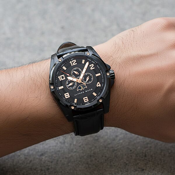 Shop Lc Closeout Alfred Sung ION Plated Black Japanese Movement 46mm Watch With Black Genuine Leather Strap